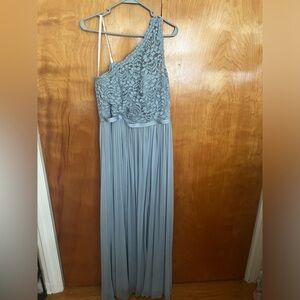 David’s Bridal one shoulder lace overlay with ribbon  wedding guest dress